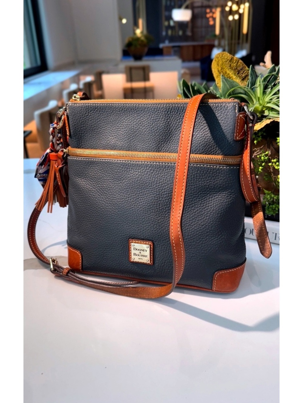 Dooney & Bourke Charcoal Gray Pebble Grain Leather Crossbody Bag Tan Trim
